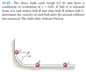 15-67. The three balls each weigh 0.5 lb and have a
coefficient of restitution of e = 0.85. If ball A is released
from rest and strikes ball B and then ball B strikes ball C,
determine the velocity of each ball after the second collision
has occurred. The balls slide without friction.
r= 3 ft
