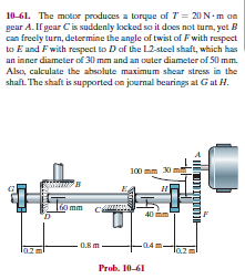 10-61. The motor produces a torque of T = 20 N-m an
gear A. If gear Cis suddenly kocked so it does not turn, yet B
can freely turn, determine the angle of twist of Fwith respect
to E and Fwith respect to D af the L2-steel shaft, which has
an inner diameter of 30 mm and an outer diameter of 50 mm.
Alsa, calculate the absolute maximum shear stress in the
shaft. The shaft is supported on journal bearings at Gat H.
100 mm 30
Omm
40
0.8 m
Prob. 10-61
