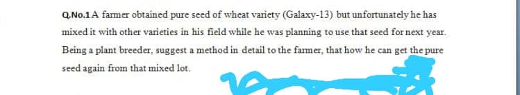 Q.No.1A famer obtained pure seed of wheat variety (Galaxy-13) but unfortunately he has
mixed it with other varieties in his field while he was planning to use that seed for next year.
Being a plant breeder, suggest a method in detail to the farmer, that how he can get the pure
seed again from that mixed lot.
