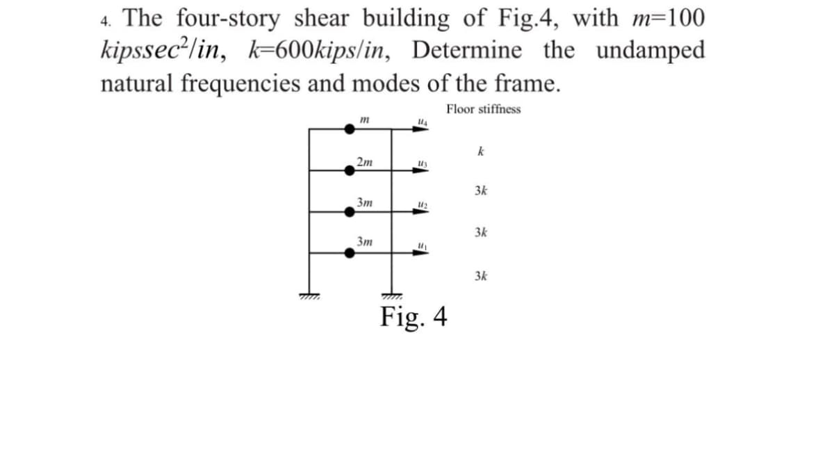 4. The four-story shear building of Fig.4, with m=100
kipssec/in, k-600kips/in, Determine the undamped
natural frequencies and modes of the frame.
Floor stiffness
7777
m
2m
3m
3m
m
UA
13
1₂
14₁
Fig. 4
k
3k
3k
3k