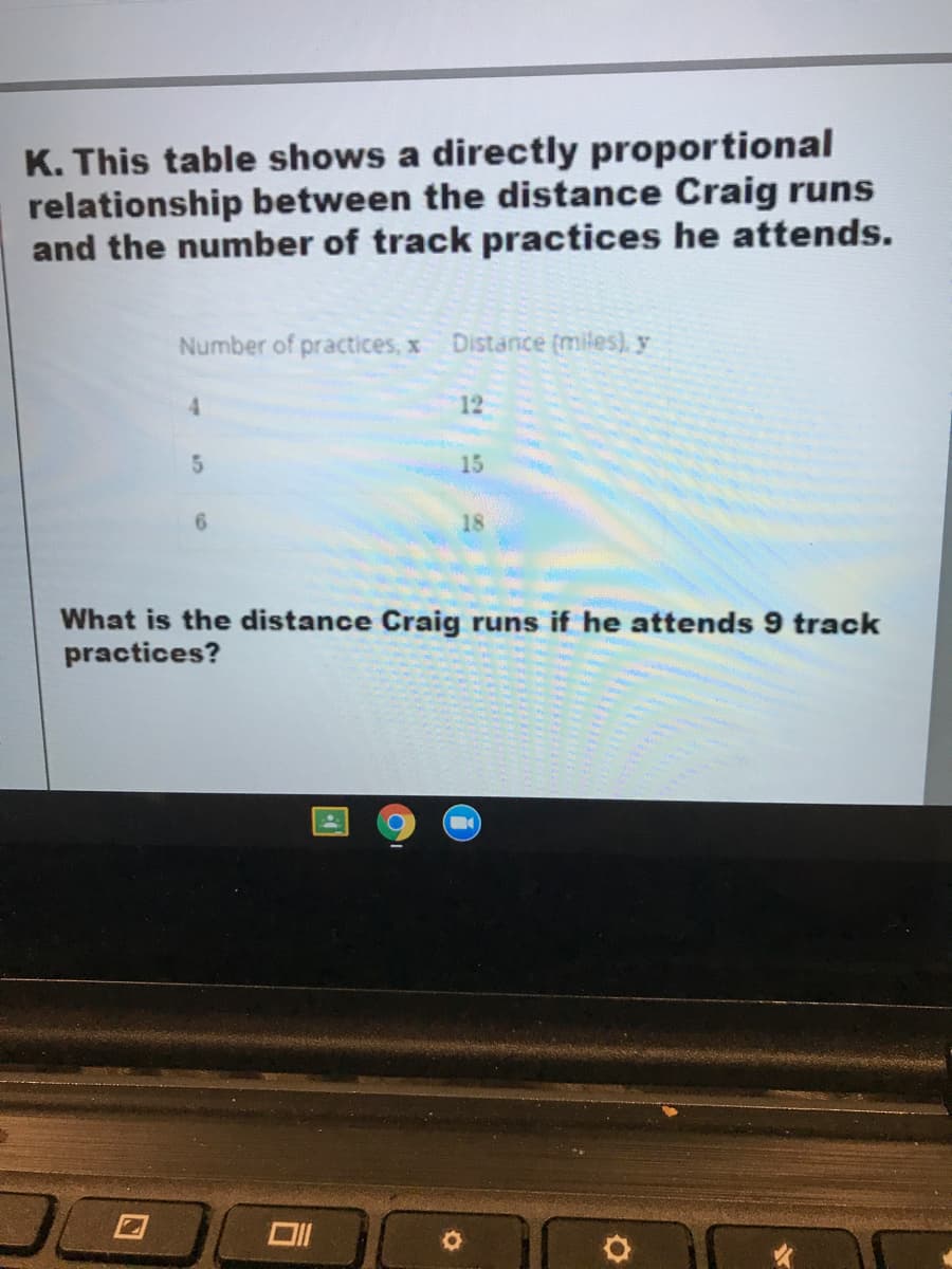 K. This table shows a directly proportional
relationship between the distance Craig runs
and the number of track practices he attends.
Number of practices, x Distance (miles), y
12
5.
15
6.
18
What is the distance Craig runs if he attends 9 track
practices?
