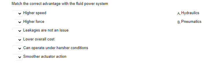 Match the correct advantage with the fluid power system
v Higher speed
A. Hydraulics
v Higher force
B. Pneumatics
v Leakages are not an issue
v Lower overall cost
v Can operate under harsher conditions
v Smoother actuator action

