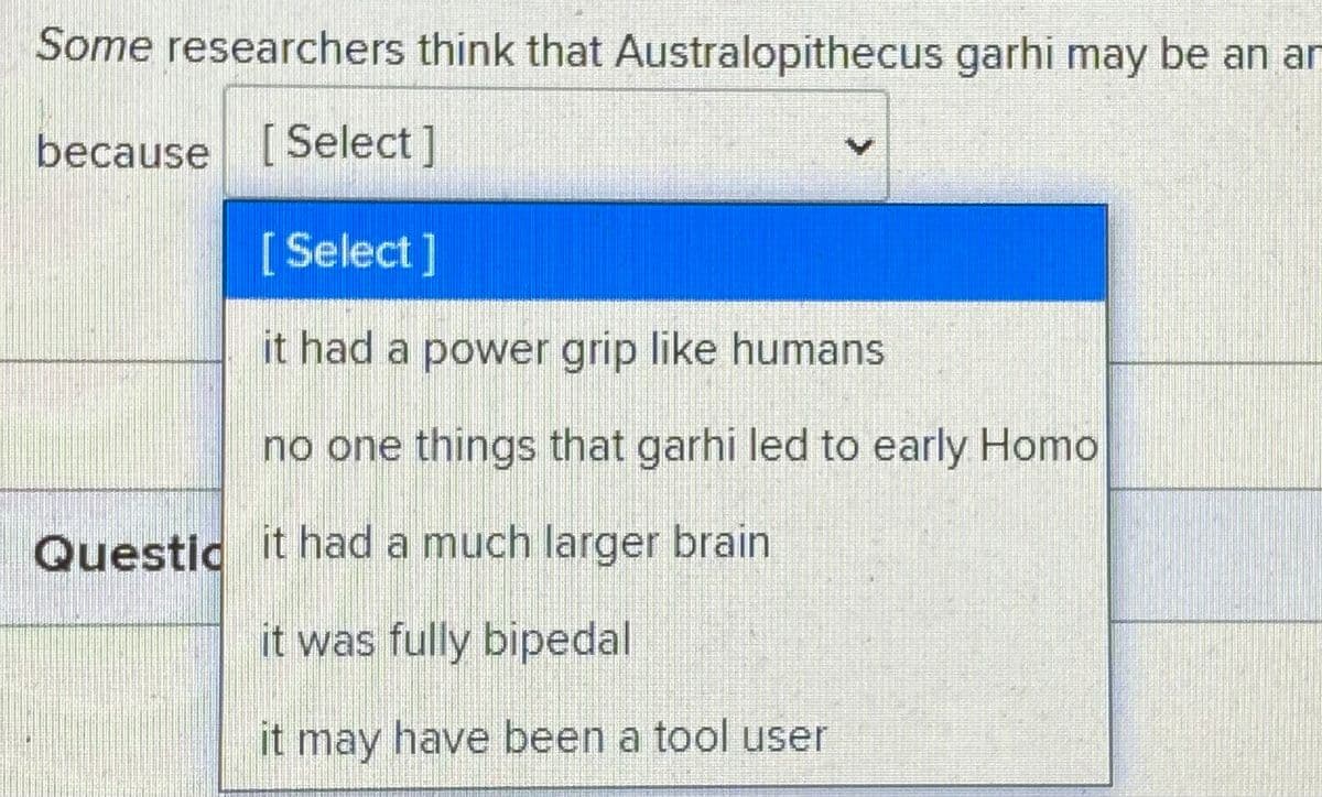 Some researchers think that Australopithecus garhi may be an an
because [Select]
[Select]
it had a power grip like humans
no one things that garhi led to early Homo
Questic it had a much larger brain
it was fully bipedal
it may have been a tool user
