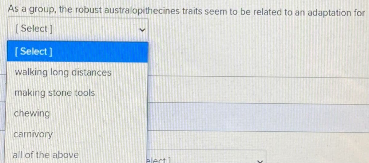 As a group, the robust australopithecines traits seem to be related to an adaptation for
[Select]
[ Select]
walking long distances
making stone tools
chewing
carnivory
all of the above
elect 1
