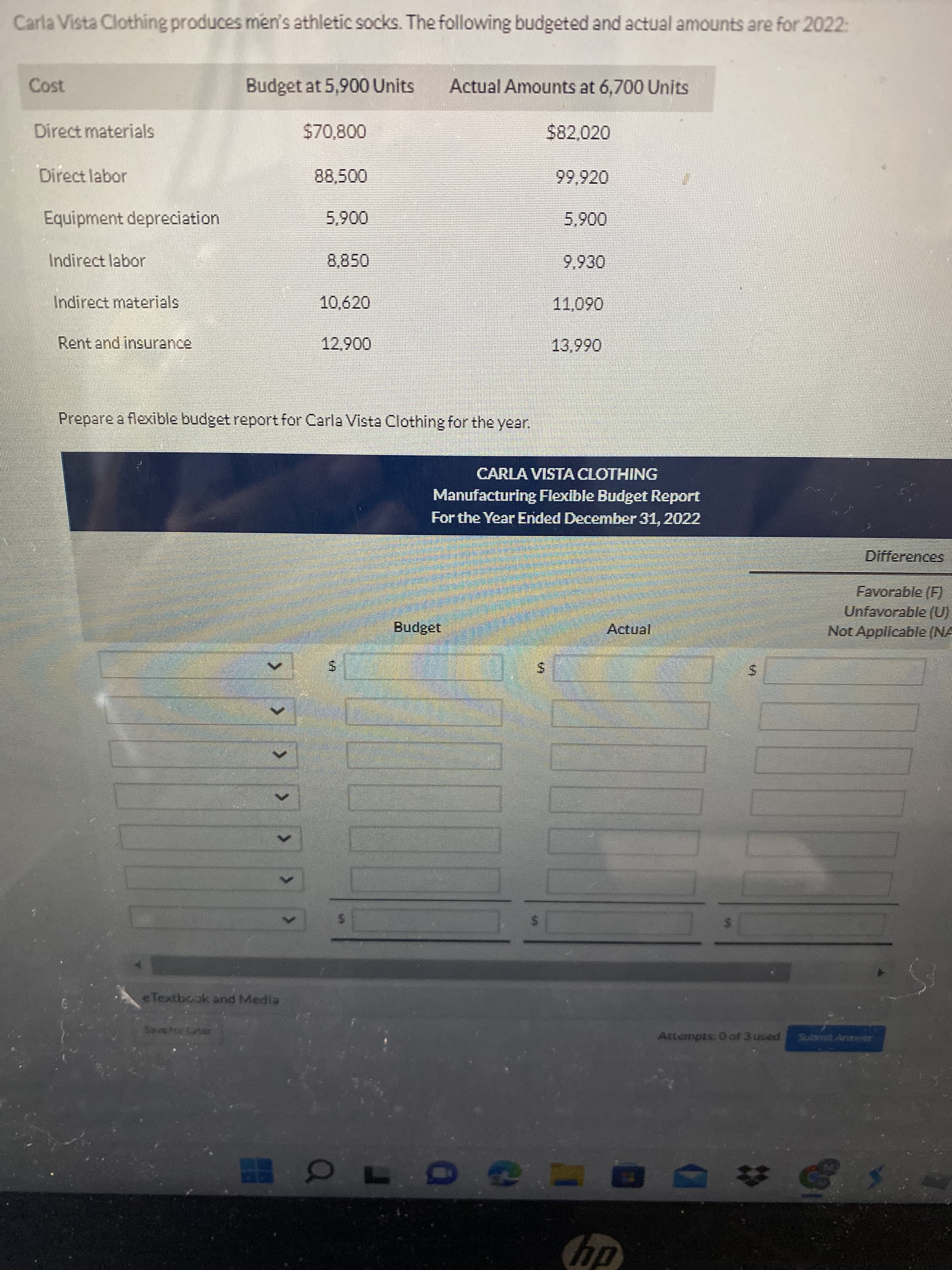 %24
%24
64
> > > > > >>
Carla Vista Clothing produces men's athletic socks. The following budgeted and actual amounts are for 2022:
Budget at 5,900 Units
Actual Amounts at 6,700 Units
1500
Direct materials
$70,800
$82,020
Direct labor
88,500
99,920
Equipment depreciation
Indirect labor
8,850
Indirect materials
10,620
060
Rent and insurance
069
Prepare a flexible budget report for Carla Vista Clothing for the year.
CARLA VISTA CLOTHING
Manufacturing Flexible Budget Report
For the Year Ended December 31, 2022
Differences
Favorable (F)
Unfavorable (U).
Not Applicable (NA
Budget
Actual
$.
eTextbook and Media
Attempts: 0 dof 3 used
Submit Answer
hp
