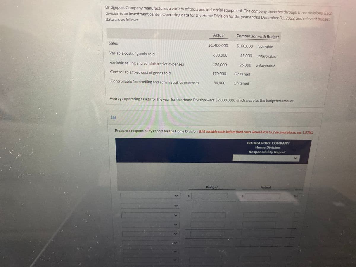 Bridgeport Company manufactures a variety of tools and industrial equipment. The companyoperates through three divisions. Each
division is an investment center. Operating data for the Home Division for the year ended December 31, 2022, and relevant budget
data are as follows.
Actual
Comparison with Budget
Sales
$1.400,000
$100,000 favorable
Variable cost of goods sold
680,000
55,000 unfavorable
Variable selling and administrative expenses
126,000
25,000 unfavorable
Controllable fixed cost of goods sold
170,000
On target
Controllable fixed selling and administrative expenses
80,000
On target
Average operating assets for the year for the Home Division were $2,000,000, which was also the budgeted amount.
(a)
Prepare a responsibility report for the Home Division. (List variable costs before fxed costs. Round ROl to 2 decimal places, eg. 1.57K)
BRIDGEPORT COMPANY
Home Division
Responsibility Report
Budget
Actual
%24
<.
