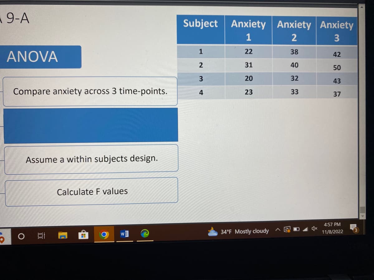 9-A
ANOVA
Compare anxiety across 3 time-points.
O
Assume a within subjects design.
II
Calculate F values
H
Subject Anxiety Anxiety Anxiety
1
2
3
22
31
20
23
1
2
3
4
34°F Mostly cloudy
~
38
40
32
33
42
50
43
37
4:57 PM
11/8/2022
