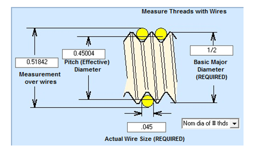 Measure Threads with Wires
1/2
0.45004
0.51842
Pitch (Effective)
Basic Major
Diameter
Diameter
Measurement
(REQUIRED)
over wires
.045
Nom dia of # thds
Actual Wire Size (REQUIRED)
