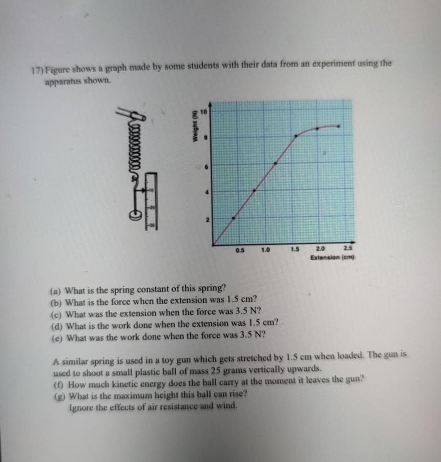 17) Figure shows a graph made by some students with their data from an experiment using the
apparatus shown.
2.
0.5
1.0
1.5
2.0
2.5
Extension (cm)
(a) What is the spring constant of this spring?
(b) What is the force whcn the extension was 1.5 cm?
(c) What was the extension when the force was 3.5 N?
(d) What is the work done when the extension was 1.5 cm?
(e) What was the work done when the force was 3.5 N?
A similar spring is used in a toy gun which gets stretched by 1.5 cm when loaded. The gun is
used to shoot a small plastic ball of mass 25 grams vertically upwards.
(f) How much kinetic energy does the ball carry at the moment it leaves the gun?
(g) What is the maximum height this ball can rise?
Ignore the effects of air resistance and wind.
000000000
