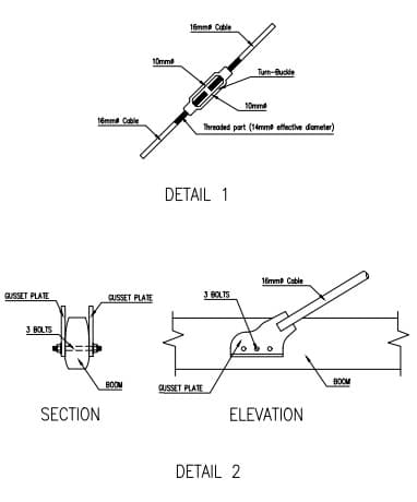 16mms Cable
10mme
Tun-Budde
10mme
témme Coble
Threoded part (14mme effective dameter)
DETAIL 1
18mm Cable
GUSSET PLATE
CUSSET PLATE
3 BOLTS
3 BOLTS
BOOM
OSSET PLATE
BOOM
SECTION
ELEVATION
DETAIL 2
