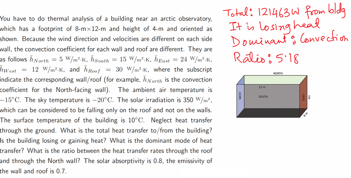 You have to do thermal analysis of a building near an arctic observatory,
which has a footprint of 8-mx12-m and height of 4-m and oriented as
shown. Because the wind direction and velocities are different on each side
wall, the convection coefficient for each wall and roof are different. They are
as follows h North 5 W/m².K, h South
24 W/m².K,
15 W/m².K, hEast
hwest
12 W/m².K, and hRoof = 30 W/m².K, where the subscript
indicate the corresponding wall/roof (for example, North is the convection
coefficient for the North-facing wall). The ambient air temperature is
-15°C. The sky temperature is -20°C. The solar irradiation is 350 W/m²,
which can be considered to be falling only on the roof and not on the walls.
The surface temperature of the building is 10°C. Neglect heat transfer
through the ground. What is the total heat transfer to/from the building?
Is the building losing or gaining heat? What is the dominant mode of heat
transfer? What is the ratio between the heat transfer rates through the roof
and through the North wall? The solar absorptivity is 0.8, the emissivity of
the wall and roof is 0.7.
-
=
=
=
Total: 121463W from bldg
It is losing heal
Dominant & Convection
Ráléo : 5.18
WEST
12 m
SOUTH
NORTH
EAST
4m
8m