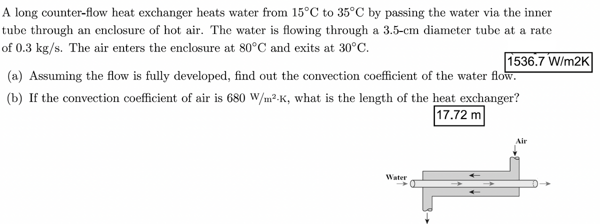 A long counter-flow heat exchanger heats water from 15°C to 35°C by passing the water via the inner
tube through an enclosure of hot air. The water is flowing through a 3.5-cm diameter tube at a rate
of 0.3 kg/s. The air enters the enclosure at 80°C and exits at 30°C.
1536.7 W/m2K
(a) Assuming the flow is fully developed, find out the convection coefficient of the water flow.
(b) If the convection coefficient of air is 680 W/m².K, what is the length of the heat exchanger?
17.72 m
Water
Air