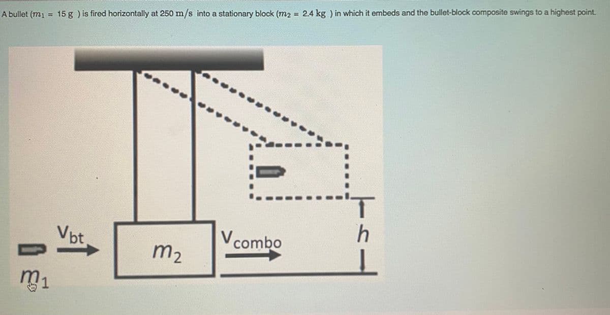 A bullet (m1 = 15 g ) is fired horizontally at 250 m/s into a stationary block (m2 = 2.4 kg ) in which it embeds and the bullet-block composite swings to a highest point.
V combo
Vbt
m2
m1
