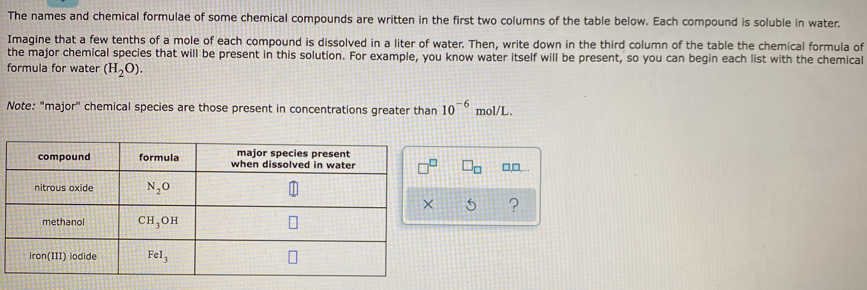 The names and chemical formulae of some chemical compounds are written in the first two columns of the table below. Each compound is soluble in water.
Imagine that a few tenths of a mole of each compound is dissolved in a liter of water. Then, write down in the third column of the table the chemical formula of
