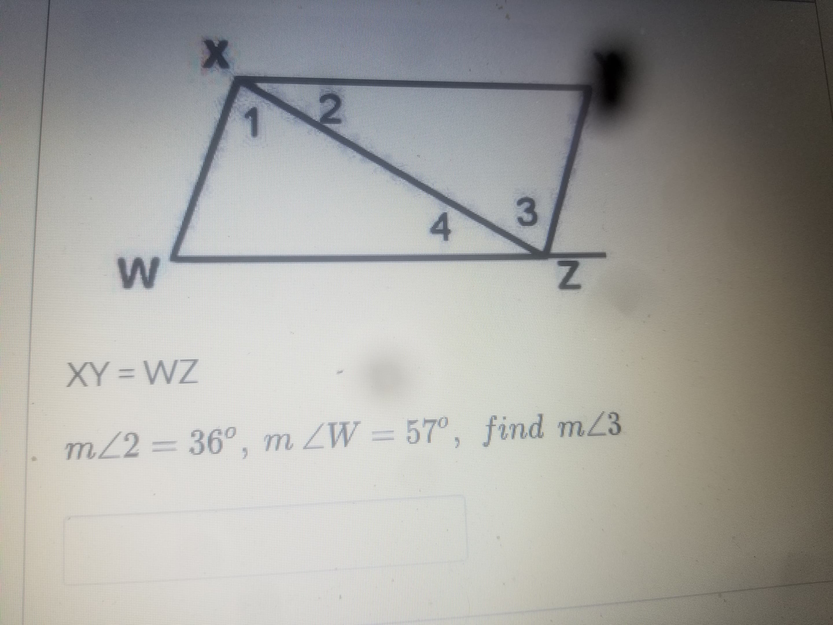 XY = WZ
m22%3D36°, m ZW = 57°, find m23
