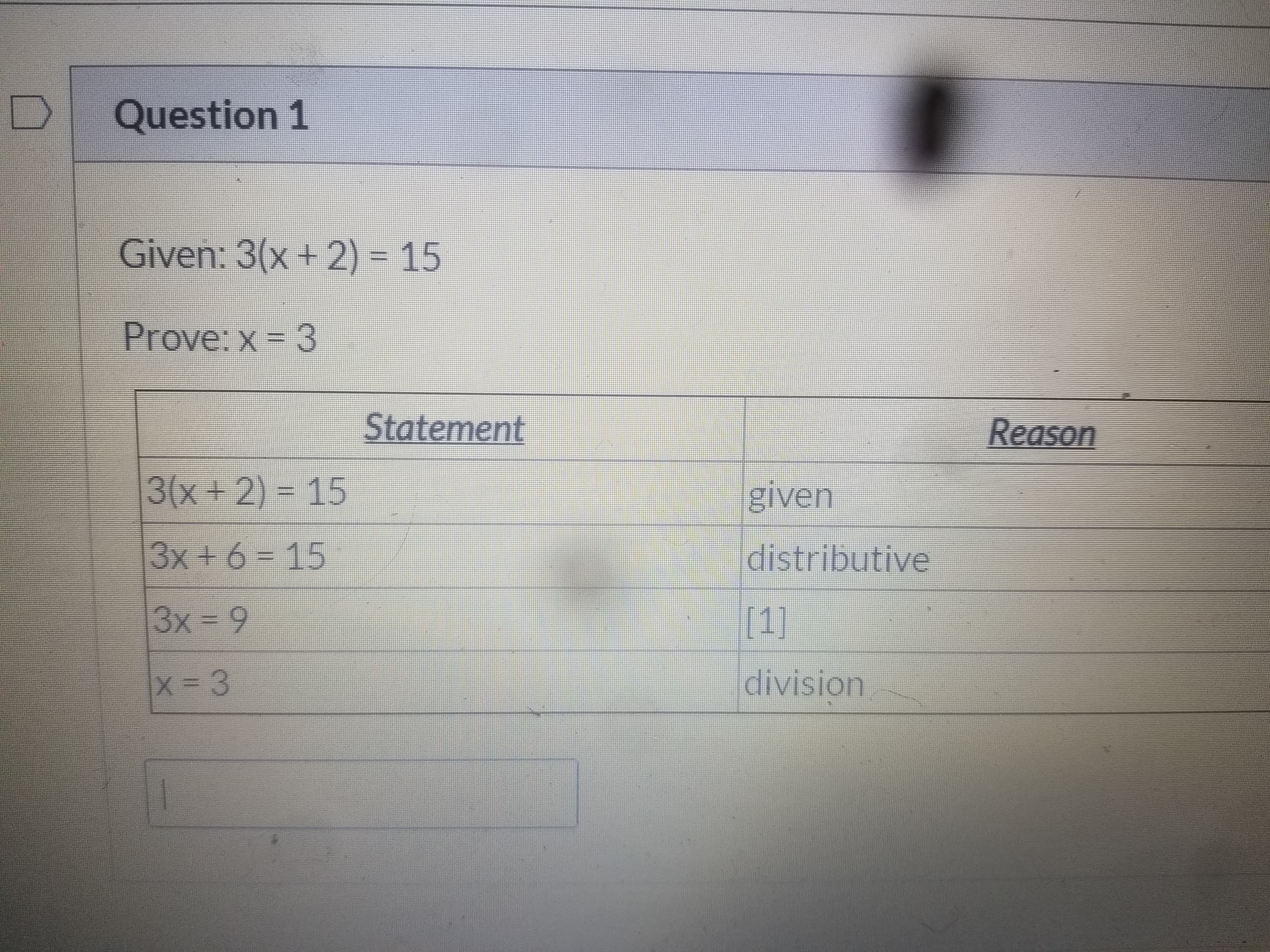 Given: 3(x + 2) = 15
Prove: x = 3
