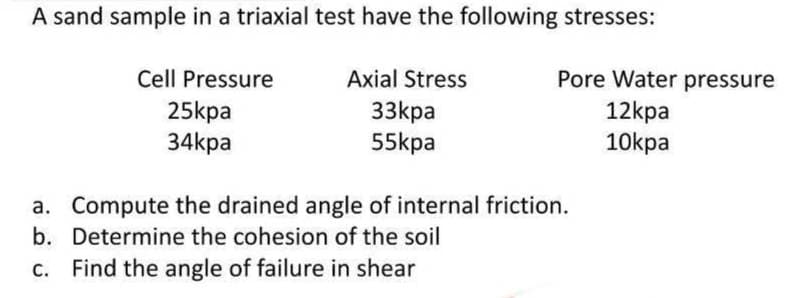 A sand sample in a triaxial test have the following stresses:
Cell Pressure
25kpa
34kpa
Axial Stress
33kpa
55kpa
Pore Water pressure
12kpa
10kpa
a. Compute the drained angle of internal friction.
b. Determine the cohesion of the soil
c. Find the angle of failure in shear