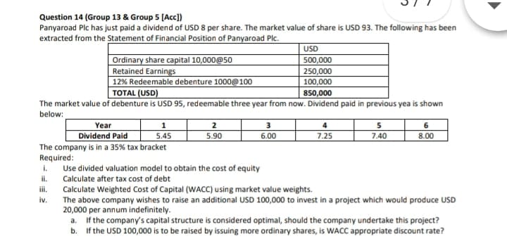 Question 14 (Group 13 & Group 5 [Acc])
Panyaroad Plc has just paid a dividend of USD 8 per share. The market value of share is USD 93. The following has been
extracted from the Statement of Financial Position of Panyaroad Plc.
USD
Ordinary share capital 10,000@50
Retained Earnings
12% Redeemable debenture 1000@100
TOTAL (USD)
500,000
250,000
100,000
850,000
The market value of debenture is USD 95, redeemable three year from now. Dividend paid in previous yea is shown
below:
Year
1
2
3
5
6
Dividend Paid
7.25
8.00
5.45
5.90
6.00
7.40
The company is in a 35% tax bracket
Required:
Use divided valuation model to obtain the cost of equity
Calculate after tax cost of debt
i.
ii.
ii.
Calculate Weighted Cost of Capital (WACC) using market value weights.
iv.
The above company wishes to raise an additional USD 100,000 to invest in a project which would produce USD
20,000 per annum indefinitely.
a. If the company's capital structure is considered optimal, should the company undertake this project?
b. If the USD 100,000 is to be raised by issuing more ordinary shares, is WACC appropriate discount rate?
