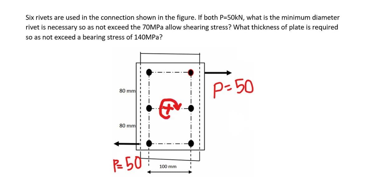 Six rivets are used in the connection shown in the figure. If both P=50KN, what is the minimum diameter
rivet is necessary so as not exceed the 70MPa allow shearing stress? What thickness of plate is required
so as not exceed a bearing stress of 140MPA?
p= 50
80 mm
80 mm
100 mm
