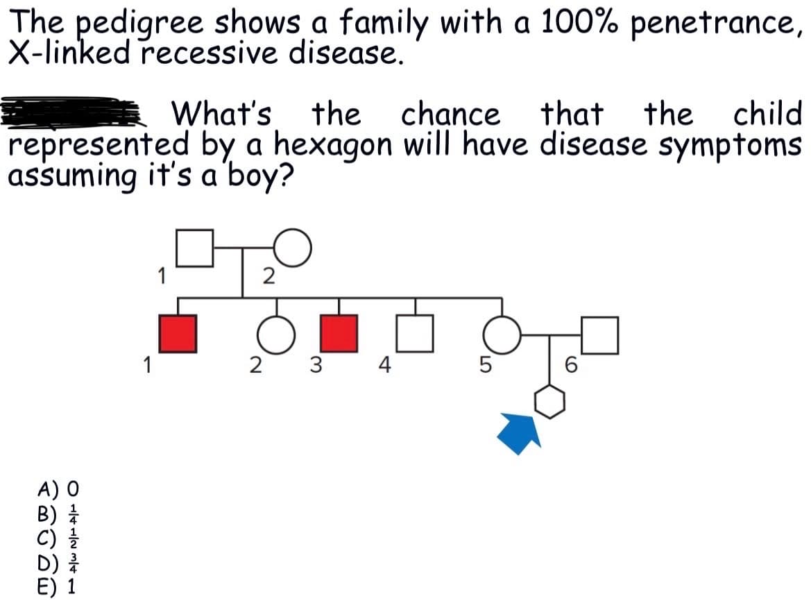 The pedigree shows a family with a 100% penetrance,
X-linked recessive disease.
What's the chance that the child
represented by a hexagon will have disease symptoms
assuming it's a 'boy?
A)
#
OM/T
1
2
2 3
4
6