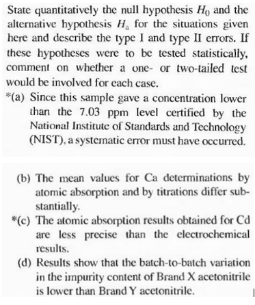State quantitatively the null hypothesis Ho and the
alternative hypothesis H, for the situations given
here and describe the type I and type II errors. If
these hypotheses were to be tested statistically,
comment on whether a one- or two-tailed test
would be involved for each case.
*(a) Since this sample gave a concentration lower
than the 7.03 ppm level certified by the
National Institute of Standards and Technology
(NIST), a systematic error must have occurred.
(b) The mean values for Ca determinations by
atomic absorption and by titrations differ sub-
stantially.
*(c) The atomic absorption results obtained for Cd
are less precise than the electrochemical
results.
(d) Results show that the batch-to-batch variation
in the impurity content of Brand X acetonitrile
is lower than Brand Y acetonitrile.
