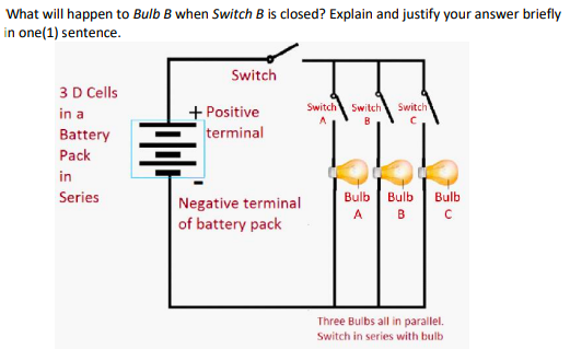 What will happen to Bulb B when Switch B is closed? Explain and justify your answer briefly
in one(1) sentence.
Switch
3 D Cells
in a
+ Positive
Switch
Switch
Switch
Battery
terminal
Pack
in
Series
Bulb
Bulb
Bulb
Negative terminal
of battery pack
A
B.
Three Bulbs all in parallel.
Switch in series with bulb
