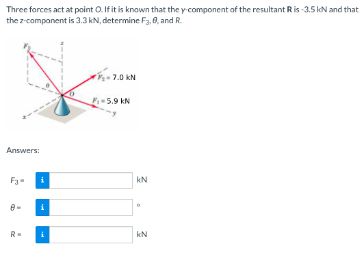 Three forces act at point O. If it is known that the y-component of the resultant R is -3.5 kN and that
the z-component is 3.3 kN, determine F3, 0, and R.
F= 7.0 kN
F = 5.9 kN
Answers:
F3=
i
kN
i
R=
i
kN
