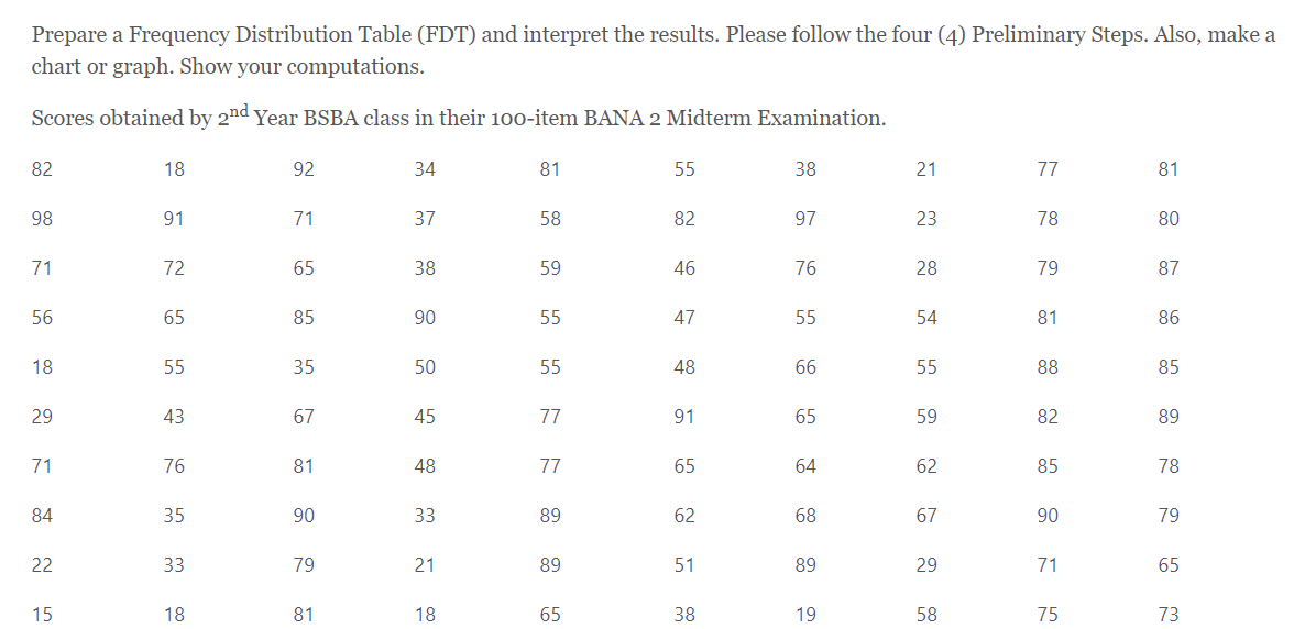 Prepare a Frequency Distribution Table (FDT) and interpret the results. Please follow the four (4) Preliminary Steps. Also, make a
chart or graph. Show your computations.
Scores obtained by 2nd Year BSBA class in their 100-item BANA 2 Midterm Examination.
82
18
92
34
81
55
38
21
77
81
98
91
71
37
58
82
97
23
78
80
71
72
65
38
59
46
76
28
79
87
56
65
85
90
55
47
55
54
81
86
18
55
35
50
55
48
66
55
88
85
29
43
67
45
77
91
65
59
82
89
71
76
81
48
77
65
64
62
85
78
84
35
90
33
89
62
68
67
90
79
22
33
79
21
89
51
89
29
71
65
15
18
81
18
65
38
19
58
75
73
