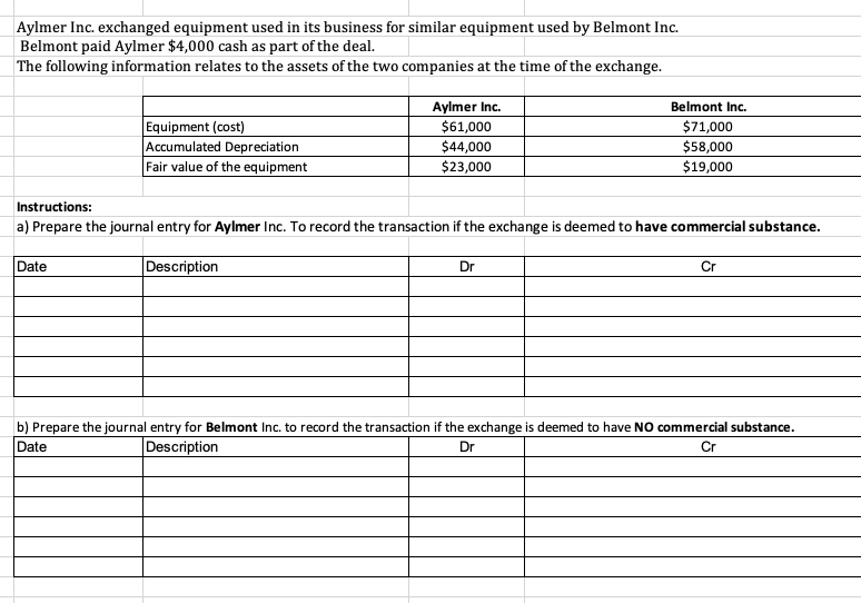 Aylmer Inc. exchanged equipment used in its business for similar equipment used by Belmont Inc.
Belmont paid Aylmer $4,000 cash as part of the deal.
The following information relates to the assets of the two companies at the time of the exchange.
Aylmer Inc.
$61,000
$44,000
$23,000
Belmont Inc.
Equipment (cost)
Accumulated Depreciation
Fair value of the equipment
$71,000
$58,000
$19,000
Instructions:
a) Prepare the journal entry for Aylmer Inc. To record the transaction if the exchange is deemed to have commercial substance.
Date
Description
Dr
Cr
b) Prepare the journal entry for Belmont Inc. to record the transaction if the exchange is deemed to have NO commercial substance.
Date
Description
Dr
Cr
