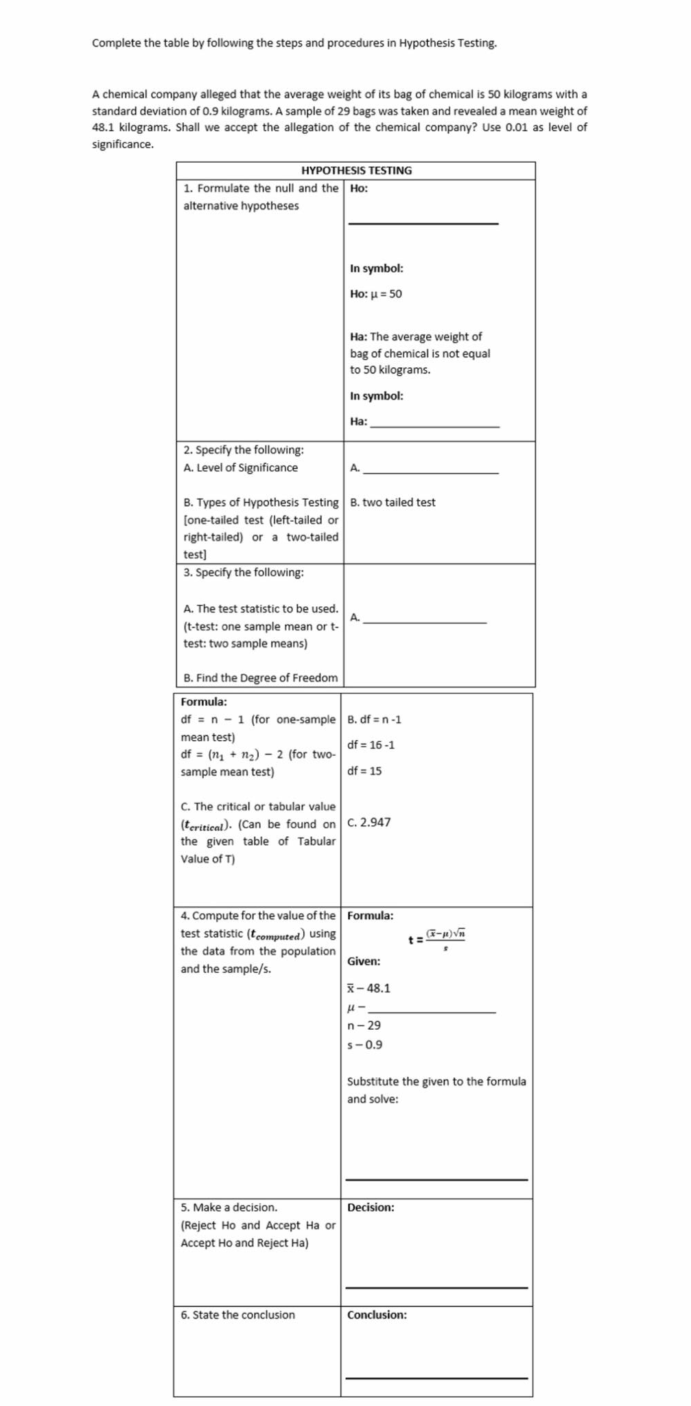 Complete the table by following the steps and procedures in Hypothesis Testing.
A chemical company alleged that the average weight of its bag of chemical is 50 kilograms with a
standard deviation of 0.9 kilograms. A sample of 29 bags was taken and revealed a mean weight of
48.1 kilograms. Shall we accept the allegation of the chemical company? Use 0.01 as level of
significance.
HYPOTHESIS TESTING
1. Formulate the null and the Ho:
alternative hypotheses
In symbol:
Ho: μ = 50
Ha: The average weight of
bag of chemical is not equal
to 50 kilograms.
In symbol:
Ha:
2. Specify the following:
A. Level of Significance
A.
B. Types of Hypothesis Testing B. two tailed test
[one-tailed test (left-tailed or
right-tailed) or a two-tailed
test]
3. Specify the following:
A. The test statistic to be used.
(t-test: one sample mean or t-
test: two sample means)
B. Find the Degree of Freedom
Formula:
df = n 1 (for one-sample B. df = n-1
mean test)
df = 16-1
df = (₁ + n₂) 2 (for two-
sample mean test)
df = 15
C. The critical or tabular value
(teritical). (Can be found on C. 2.947
the given table of Tabular
Value of T)
4. Compute for the value of the Formula:
test statistic (t computed) using
(x-µ)√n
the data from the population
and the sample/s.
Given:
X-48.1
H-
n-29
s-0.9
Substitute the given to the formula
and solve:
Decision:
5. Make a decision.
(Reject Ho and Accept Ha or
Accept Ho and Reject Ha)
6. State the conclusion
Conclusion:
A.
