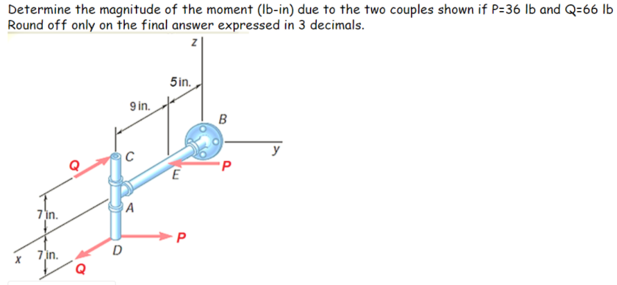 Determine the magnitude of the moment (Ib-in) due to the two couples shown if P=36 Ib and Q=66 lb
Round off only on the final answer expressed in 3 decimals.
5 in.
9 in.
B
7 in.
D
7in.
Q
