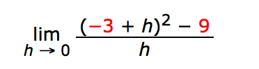 (-3 + h)² – 9
lim
