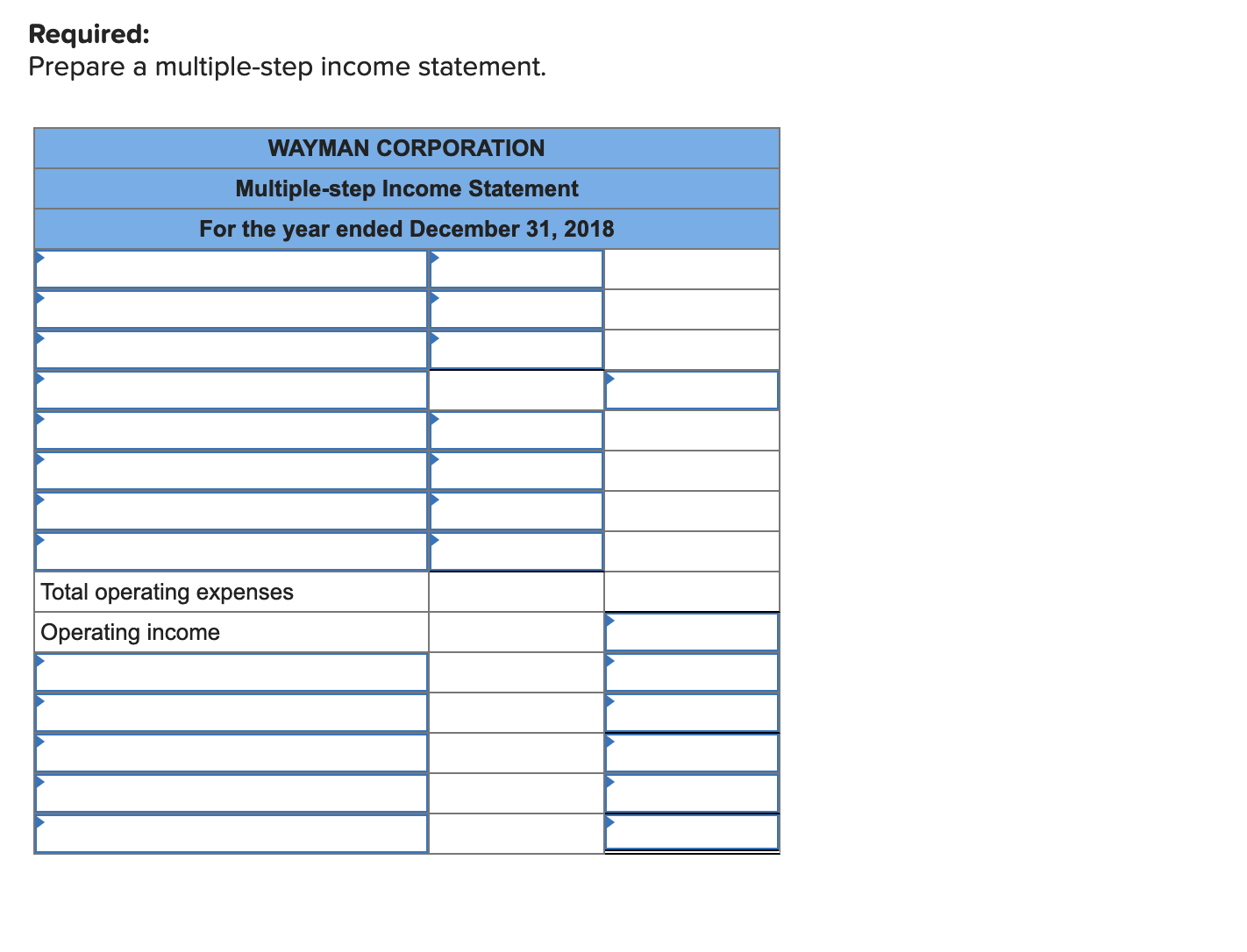 Required:
Prepare a multiple-step income statement.
WAYMAN CORPORATION
Multiple-step Income Statement
For the year ended December 31, 2018
Total operating expenses
Operating income
