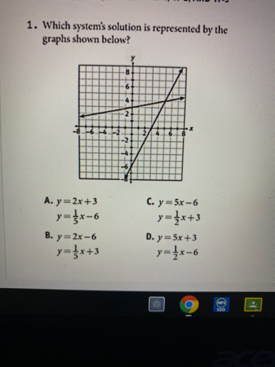 1. Which system's solution is represented by the
graphs shown below?
y.
4
.2.
A. y 2x+3
C. y 5x-6
y=}x-6
y=x+3
B. y=2x-6
D. y=5x+3
y=x-6
MPS
SSO
ace
