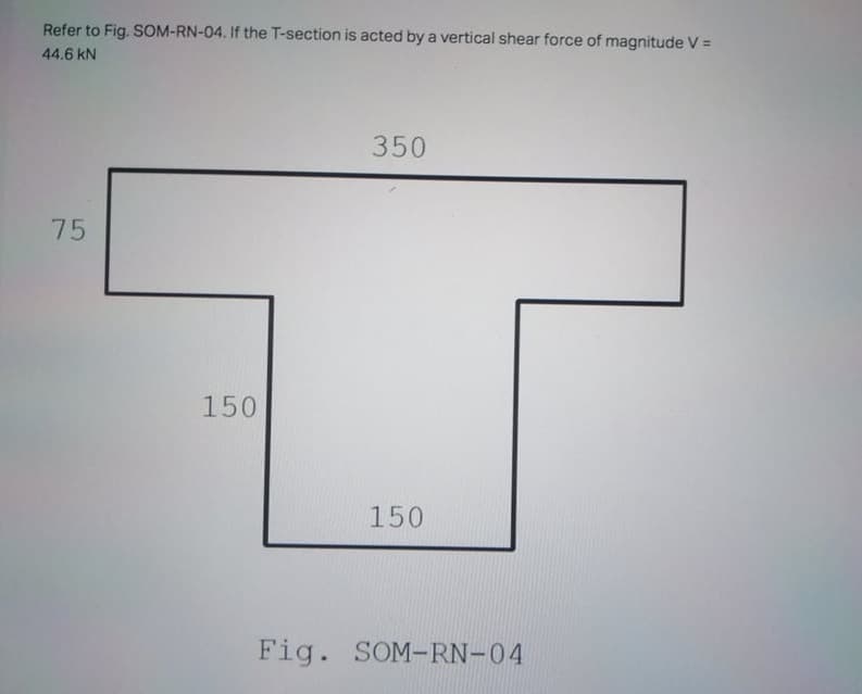 Refer to Fig. SOM-RN-04. If the T-section is acted by a vertical shear force of magnitude V =
44.6 kN
350
75
150
150
Fig. SOM-RN-04
