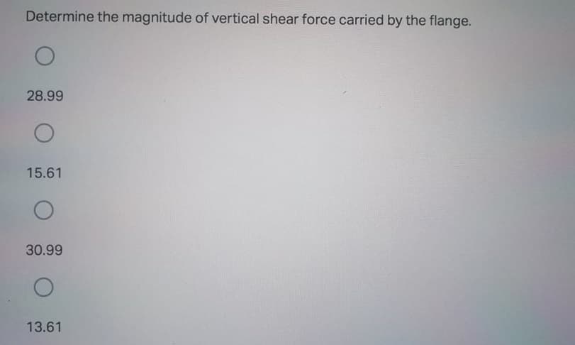 Determine the magnitude of vertical shear force carried by the flange.
28.99
15.61
30.99
13.61
