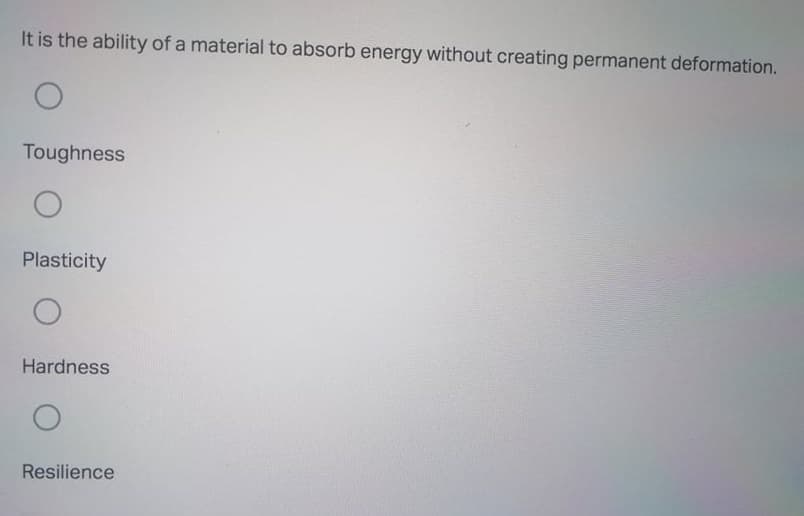 It is the ability of a material to absorb energy without creating permanent deformation.
Toughness
Plasticity
Hardness
Resilience
