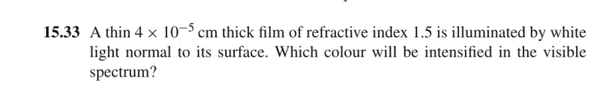 15.33 A thin 4 x 10–³ cm thick film of refractive index 1.5 is illuminated by white
light normal to its surface. Which colour will be intensified in the visible
spectrum?

