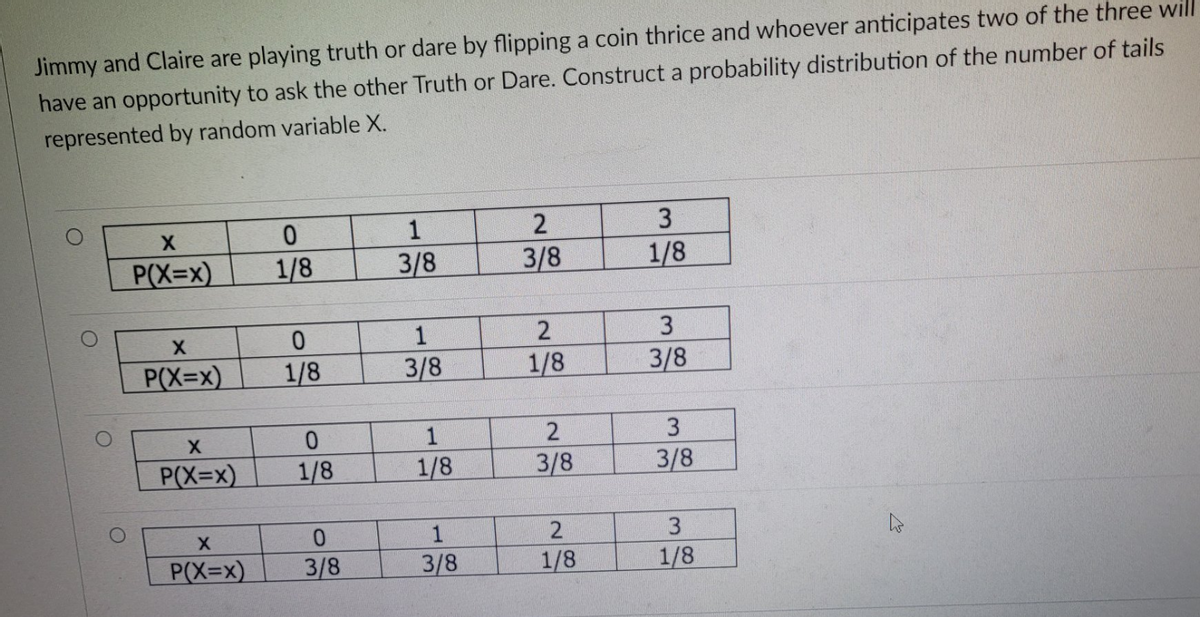 Jimmy and Claire are playing truth or dare by flipping a coin thrice and whoever anticipates two of the three will
have an opportunity to ask the other Truth or Dare. Construct a probability distribution of the number of tails
represented by random variable X.
X
P(X=x)
X
P(X=x)
X
P(X=x)
X
P(X=x)
0
1/8
0
1/8
0
1/8
0
3/8
1
3/8
1
3/8
1
1/8
1
3/8
2
3/8
2
1/8
2
3/8
2
1/8
3
1/8
3
3/8
3
3/8
3
1/8