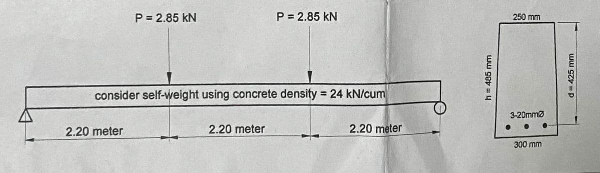 P = 2.85 kN
2.20 meter
consider self-weight using concrete density = 24 kN/cum
P = 2.85 KN
2.20 meter
2.20 meter
h = 485 mm
250 mm
3-20mm
300 mm
d = 425 mm