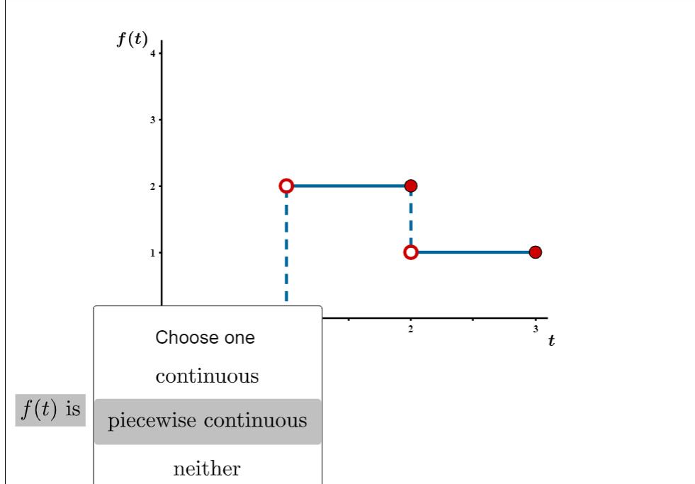 f(t) is
f(t)
1
Choose one
continuous
piecewise continuous
neither
t