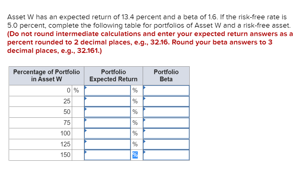 Asset W has an expected return of 13.4 percent and a beta of 1.6. If the risk-free rate is
5.0 percent, complete the following table for portfolios of Asset W and a risk-free asset.
(Do not round intermediate calculations and enter your expected return answers as a
percent rounded to 2 decimal places, e.g., 32.16. Round your beta answers to 3
decimal places, e.g., 32.161.)
Percentage of Portfolio
in Asset W
0%
25
50
75
100
125
150
Portfolio
Expected Return
%
%
%
%
%
%
%
Portfolio
Beta