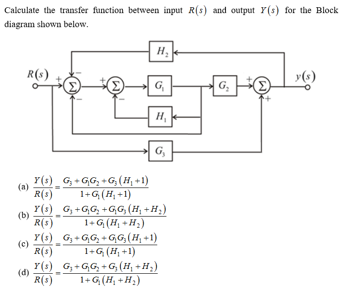Calculate the transfer function between input R(s) and output Y(s) for the Block
diagram shown below.
R(s)
(3)
G,
G,
Σ)
H
G,
Y(s) _ G; + GG, +G; (H, +1)
(a)
R(s)
Y (s) _ G; +GG, +GG; (H, +H,)
1+ G (H, +1)
(b)
R(s)
1+ G (H, +н,)
Y (s) _ G; + GG, + G,G; (H, +1)
(c)
R(s)
Y (s) _ G; + GG, + G; (H¡ +H,)
1+G (H, +1)
(d)
R(s)
1+ G (H, +H,)
