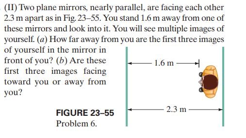 (II) Two plane mirrors, nearly parallel, are facing each other
2.3 m apart as in Fig. 23–55. You stand 1.6 m away from one of
these mirrors and look into it. You will see multiple images of
yourself. (a) How far away from you are the first three images
of yourself in the mirror in
front of you? (b) Are these
first three images facing
toward you or away from
you?
1.6 m
2.3 m
FIGURE 23-55
Problem 6.
