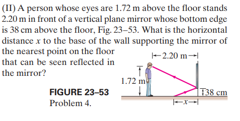 (II) A person whose eyes are 1.72 m above the floor stands
2.20 m in front of a vertical plane mirror whose bottom edge
is 38 cm above the floor, Fig. 23–53. What is the horizontal
distance x to the base of the wall supporting the mirror of
the nearest point on the floor
- 2.20 m→
that can be seen reflected in
the mirror?
1.72 m
FIGURE 23-53
F38 cm
Problem 4.
