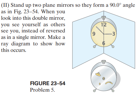 (II) Stand up two plane mirrors so they form a 90.0° angle
as in Fig. 23–54. When you
look into this double mirror,
12
you see yourself as others
see you, instead of reversed
as in a single mirror. Make a
ray diagram to show how
this occurs.
FIGURE 23-54
Problem 5.
3.
