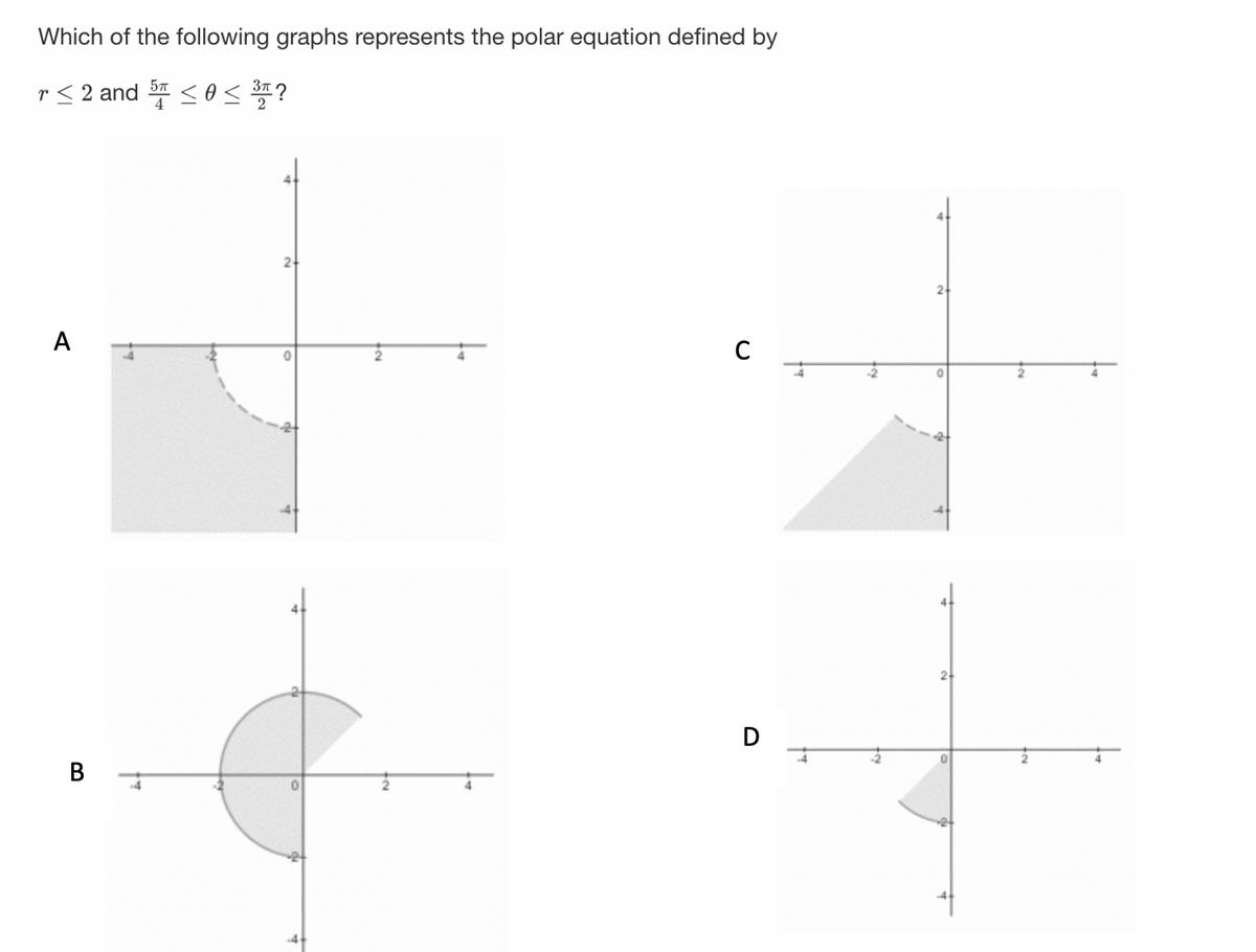 Which of the following graphs represents the polar equation defined by
5п
r≤ 2 and 5 ≤ 0 ≤ ³/TT ?
3T
A
B
2+
0
с
D