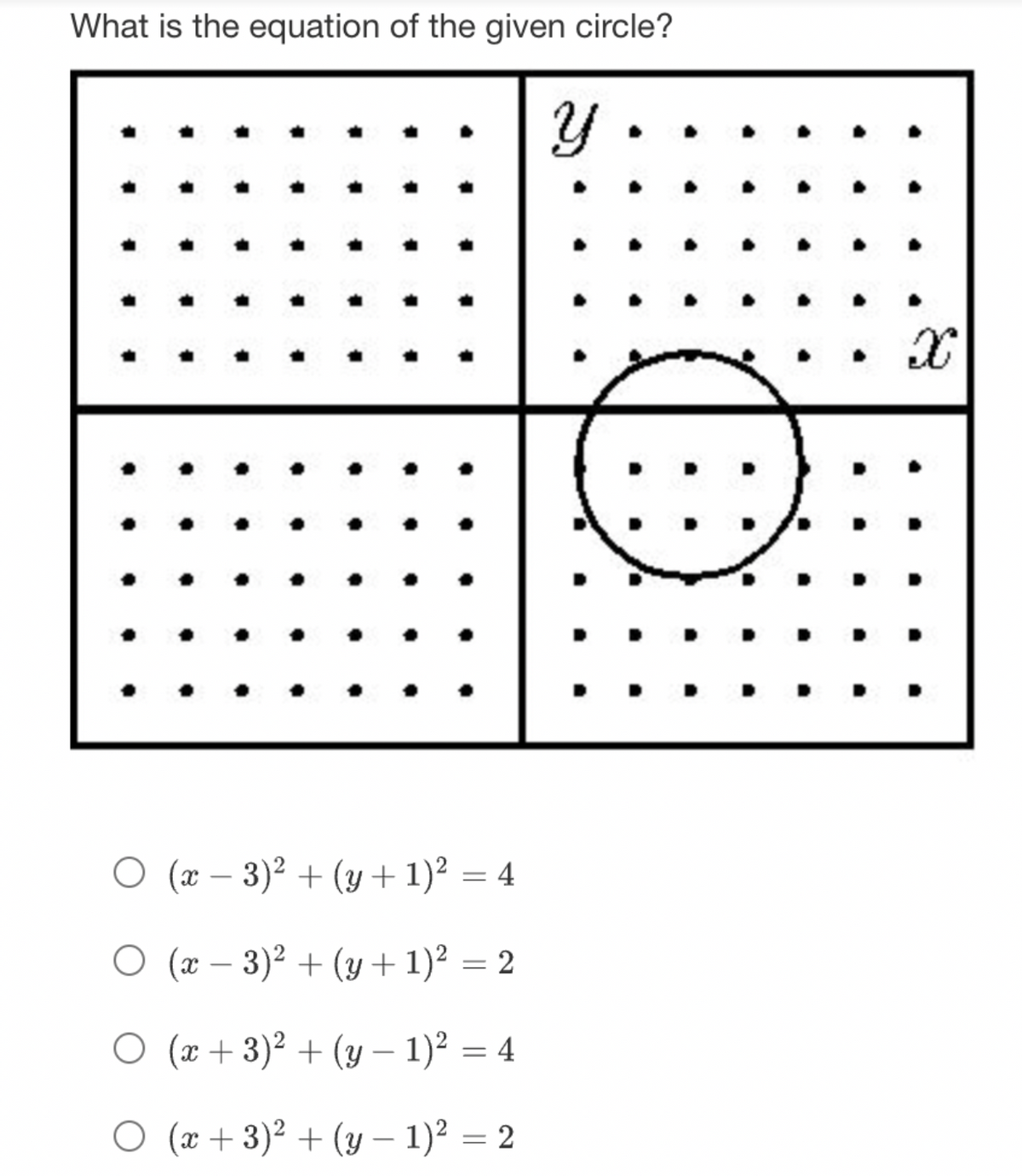 What is the equation of the given circle?
►
-
-
O (x-3)² + (y + 1)² = 4
O (x − 3)² + (y + 1)² = 2
○ (x+3)² + (y − 1)² = 4
O (x+3)² + (y − 1)² = 2
y.
X