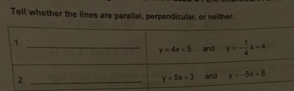 Tell whether the lines are parallel, perpendicular,
1.
2.
y = 4x+5
y = 5x + 3
or neither.
and y=-11
and
y = -5x+8
