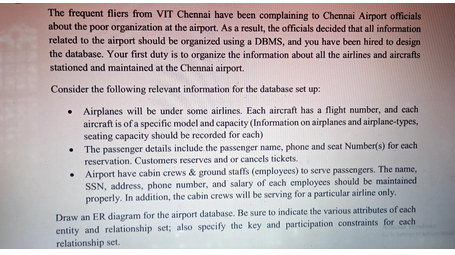 The frequent fliers from VIT Chennai have been complaining to Chennai Airport officials
about the poor organization at the airport. As a result, the officials decided that all information
related to the airport should be organized using a DBMS, and you have been hired to design
the database. Your first duty is to organize the information about all the airlines and aircrafts
stationed and maintained at the Chennai airport.
Consider the following relevant information for the database set up:
• Airplanes will be under some airlines. Each aircraft has a flight number, and each
aircraft is of a specific model and capacity (Information on airplanes and airplane-types,
seating capacity should be recorded for each)
•
The passenger details include the passenger name, phone and seat Number(s) for each
reservation. Customers reserves and or cancels tickets.
•
Airport have cabin crews & ground staffs (employees) to serve passengers. The name,
SSN, address, phone number, and salary of each employees should be maintained
properly. In addition, the cabin crews will be serving for a particular airline only.
Draw an ER diagram for the airport database. Be sure to indicate the various attributes of each
entity and relationship set; also specify the key and participation constraints for each
relationship set.